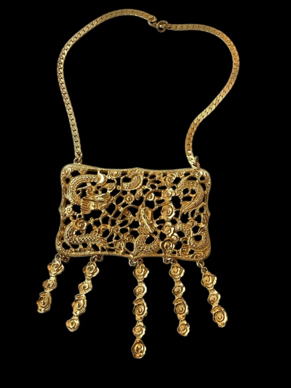 Vintage Judith Leiber  Filigree Statement Necklace with Rose Dangles